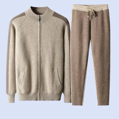 Men's cashmere wool blend cardigan suit with half-turtleneck zip jacket and matching trousers in winter colours