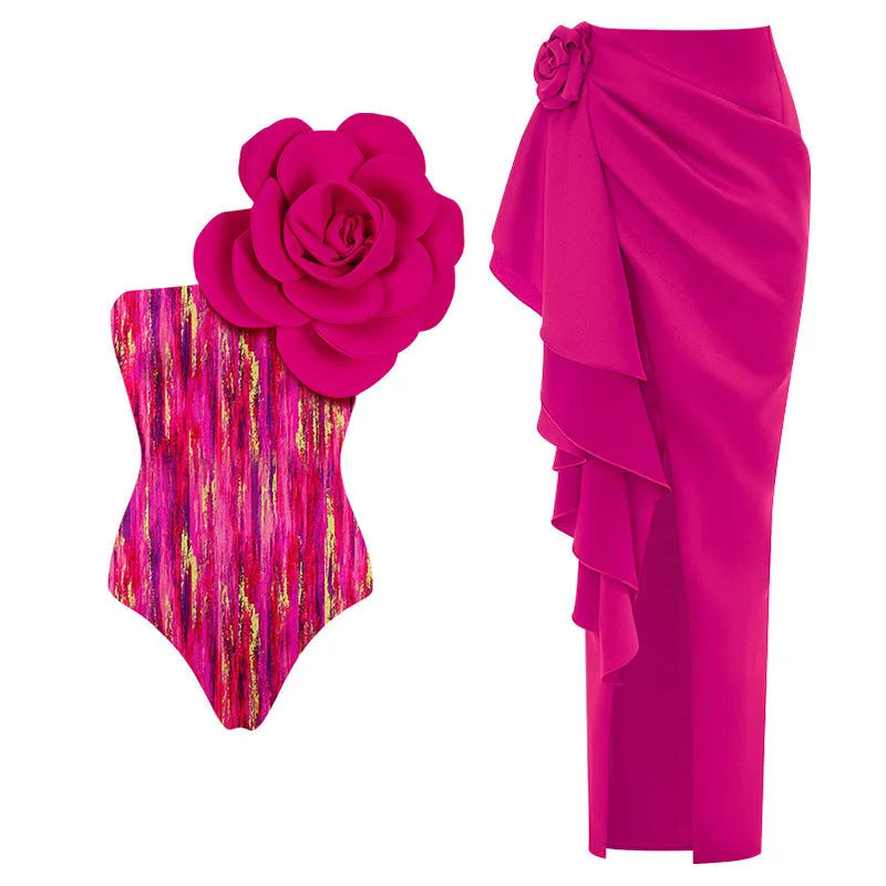 Women's one-piece swimsuit with three-dimensional flower design in European American style