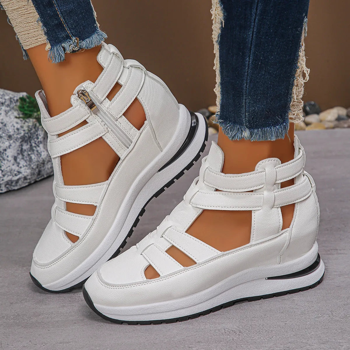Women's black close-toed platform sandals with hollow-out design and Velcro fastening