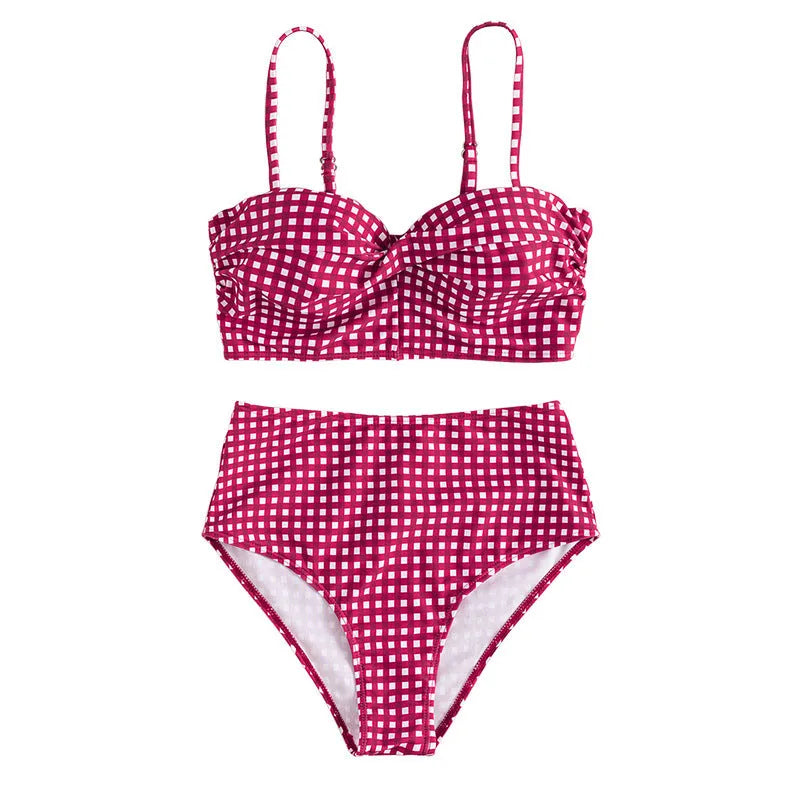 Women's rose red plaid high-waist bikini swimsuit with briefs bottom on a mannequin.