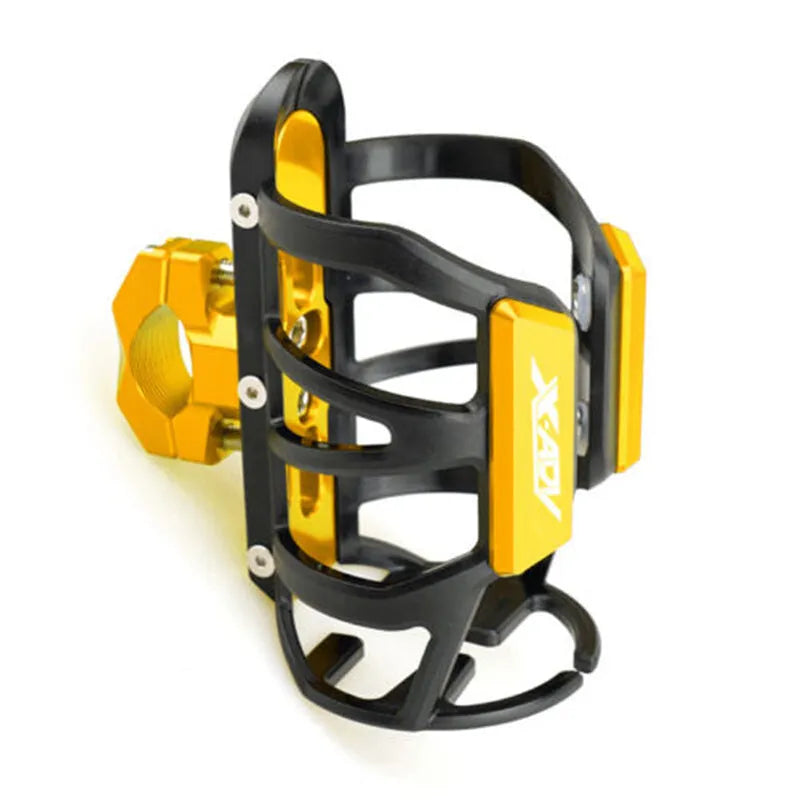 Modified black water bottle cage for Honda X-ADV scooter on handlebars.