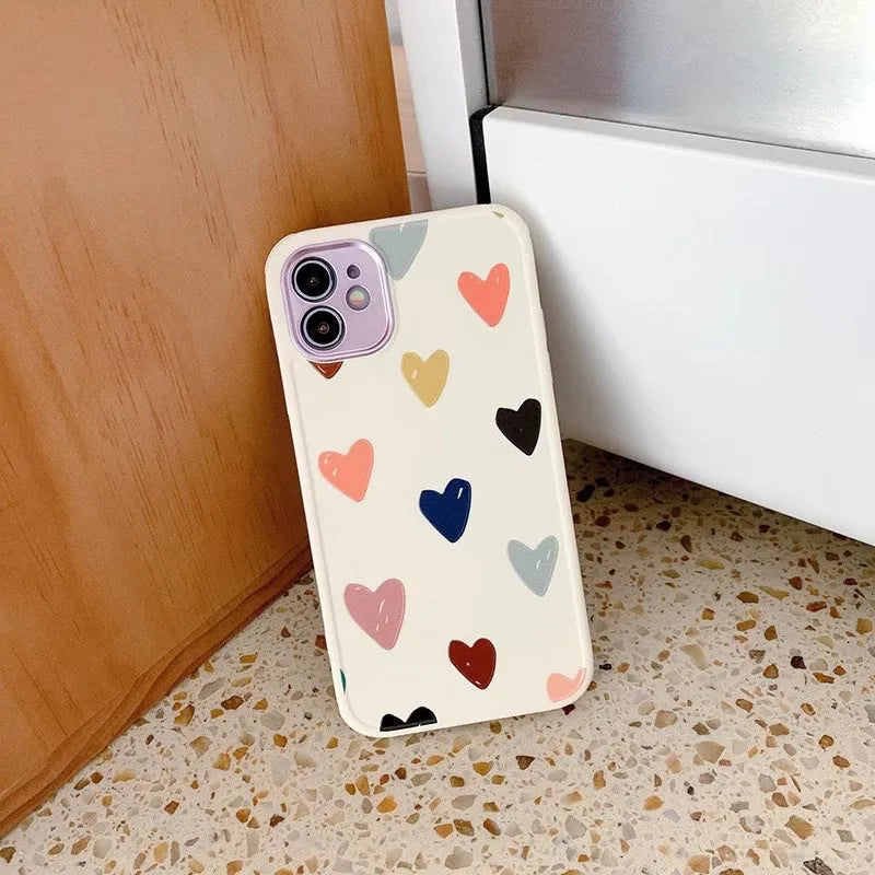 Heart electroplated lens iPhone case with painted Nordic design, TPU back cover, multiple coloured loving heart pattern