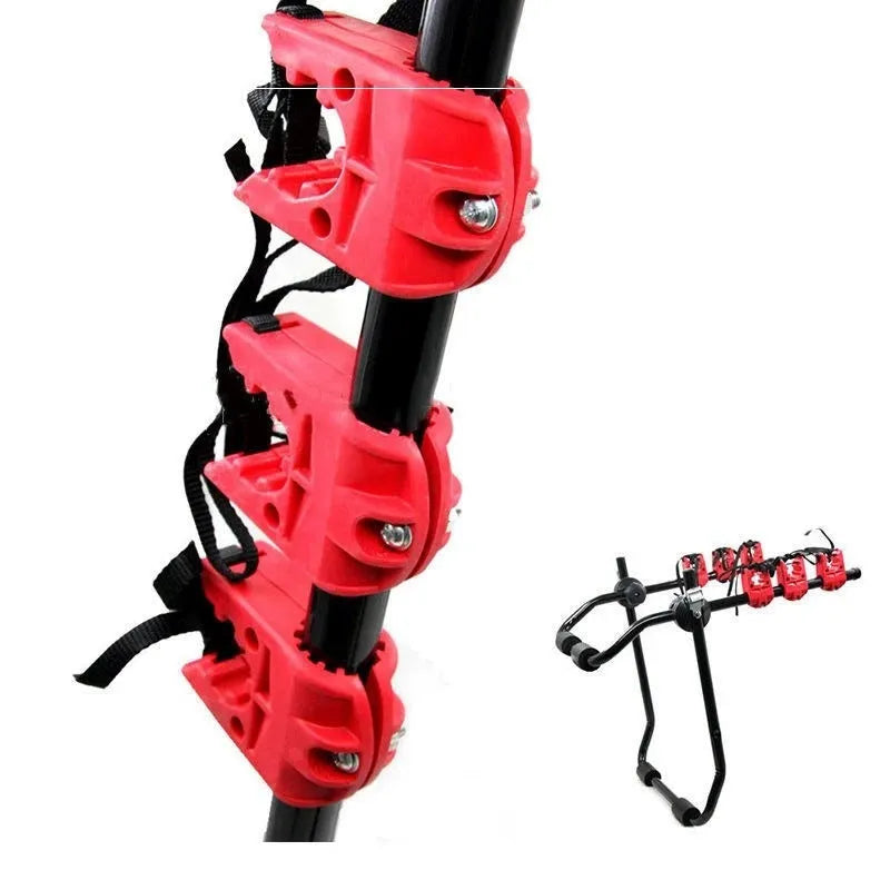 Black and red iron frame bike rack for car boot mounting, showing pull belt and tie rope fastenings.