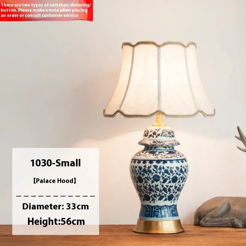 Blue and white Chinese porcelain table lamp with handmade ceramic base and fabric shade