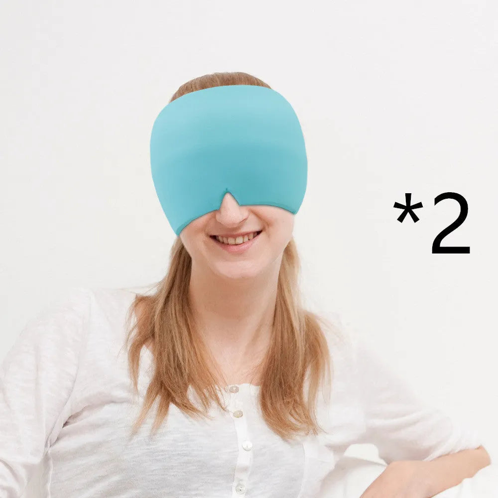 Black elastic cloth gel ice headache relief eye mask showing adjustable headband and cooling gel construction