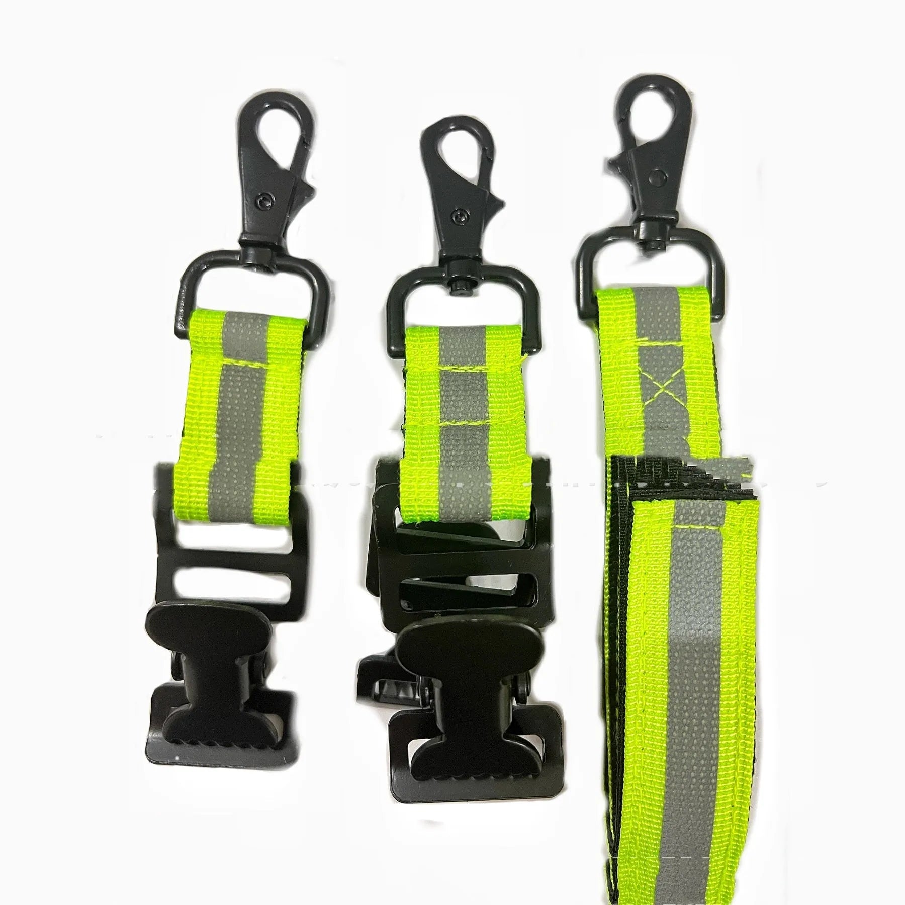 Fluorescent green universal safety clip with a metal buckle for fireman gloves and industrial equipment.