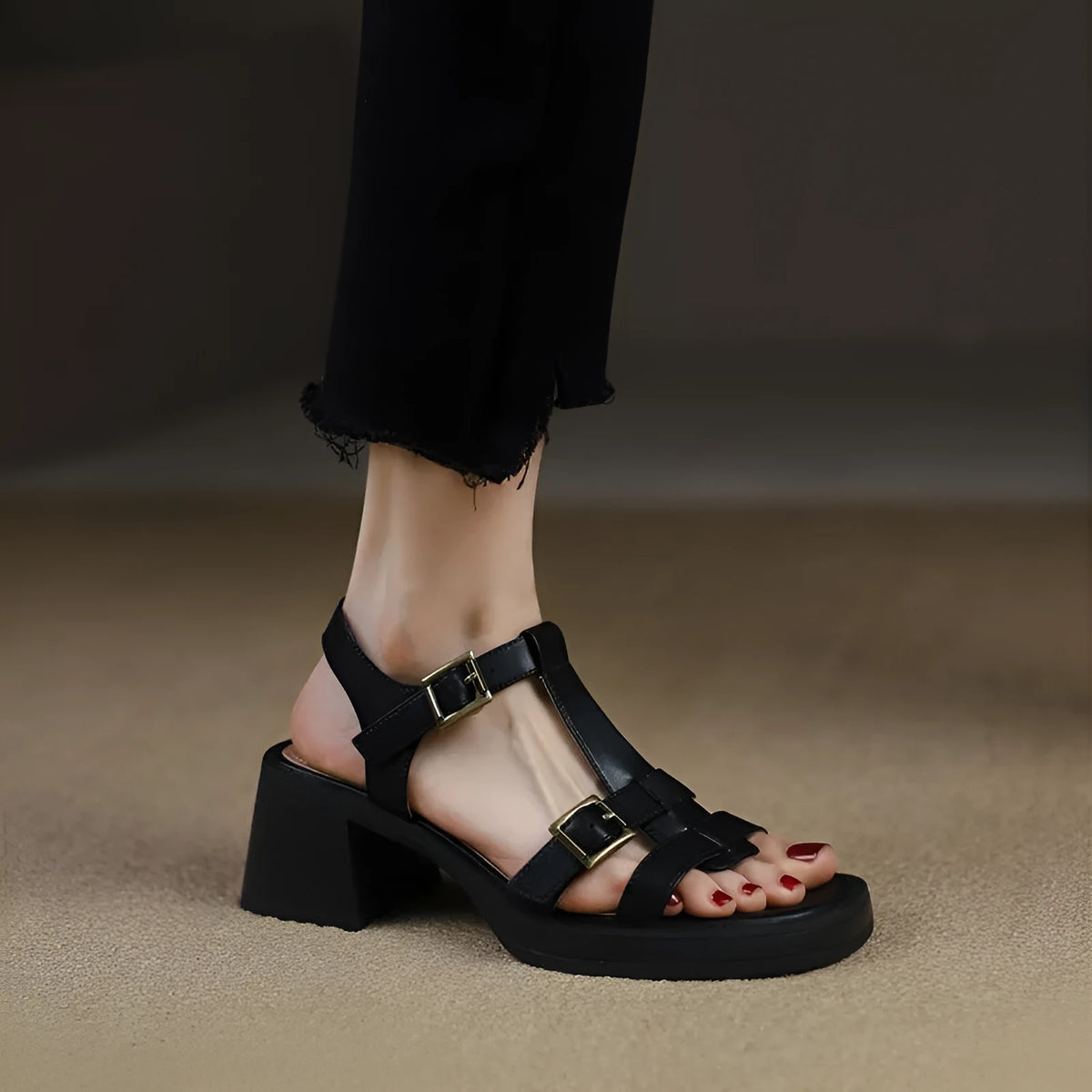 Women's retro T-buckle platform sandals with chunky heel in black colour showing square toe design