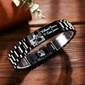 Men's stainless steel bracelet with curved heart design and black lettering in gift box