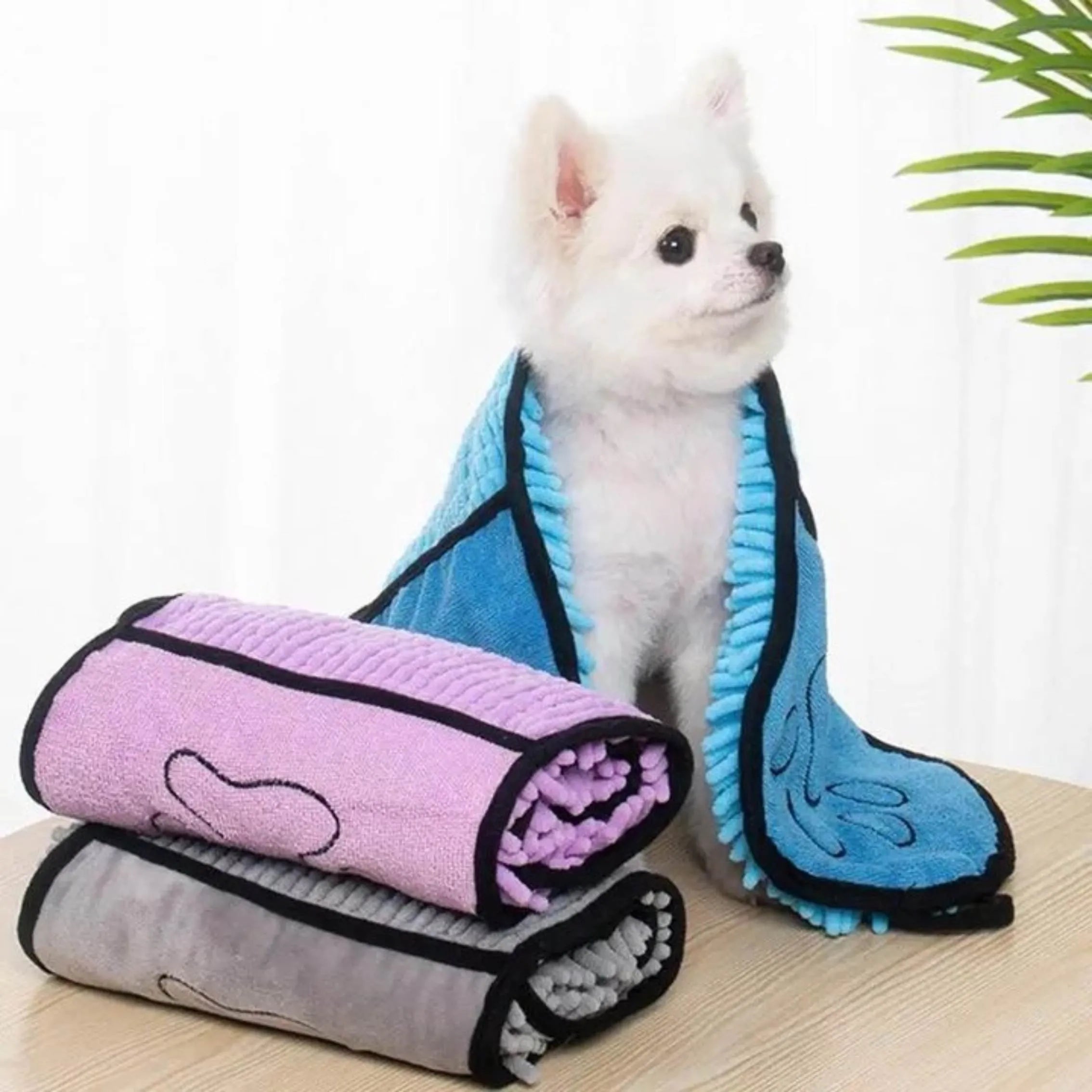 Blue pet bath robe towel measuring 62 by 23 cm for drying dogs and cats