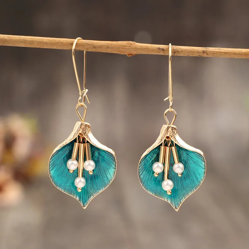 Retro flower drop earrings for women in blue and green alloy with electroplating finish