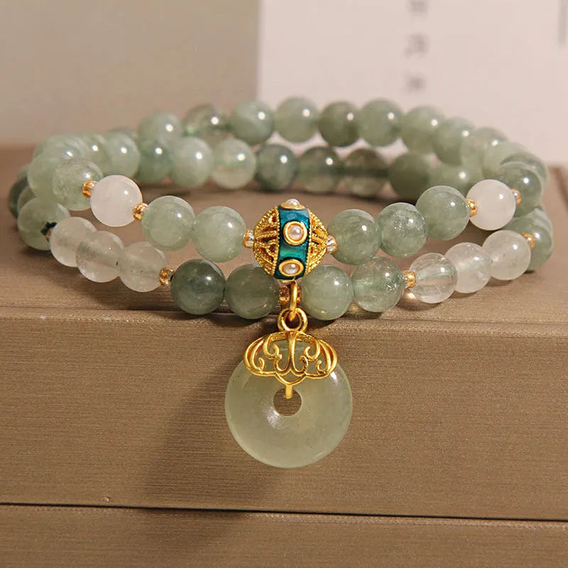 Women's double-layer aventurine jade bracelet with crystal accents and peace buckle safety clasp