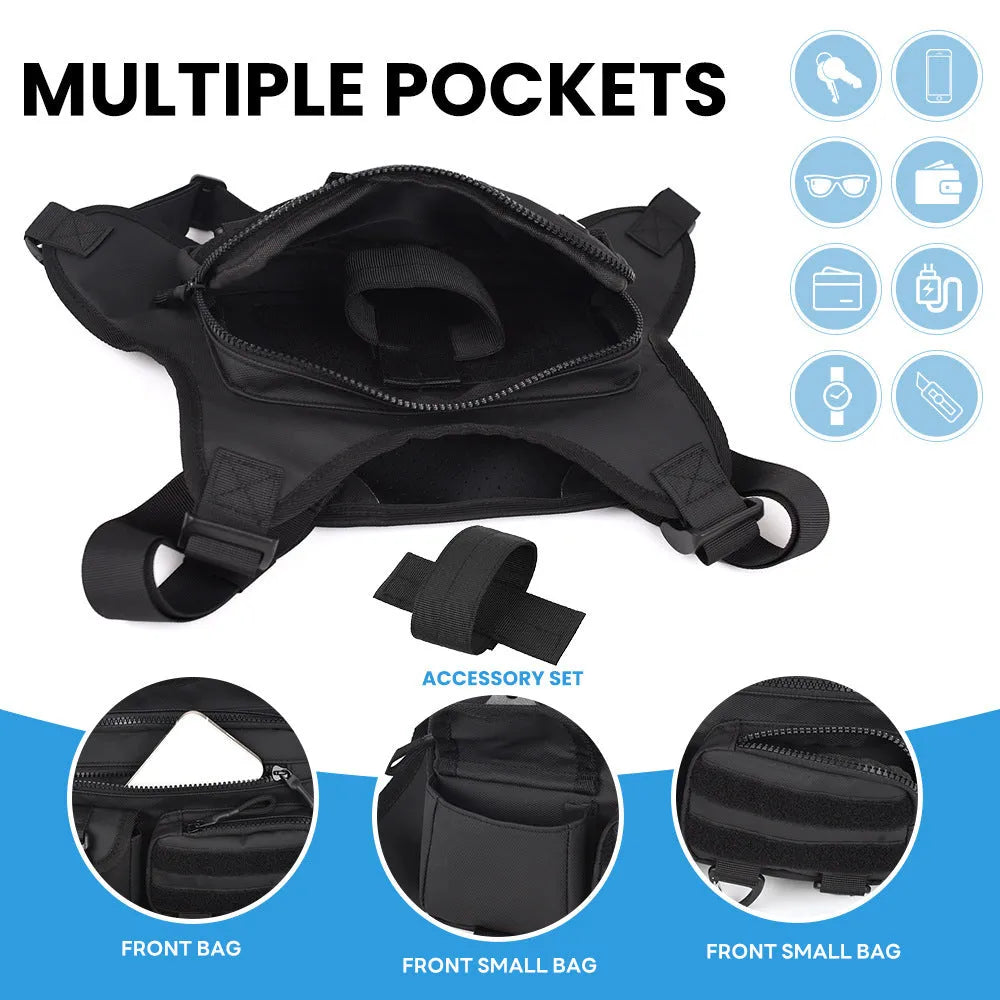Outdoor sports chest bag designed as a breathable vest in Oxford cloth, shown in black.