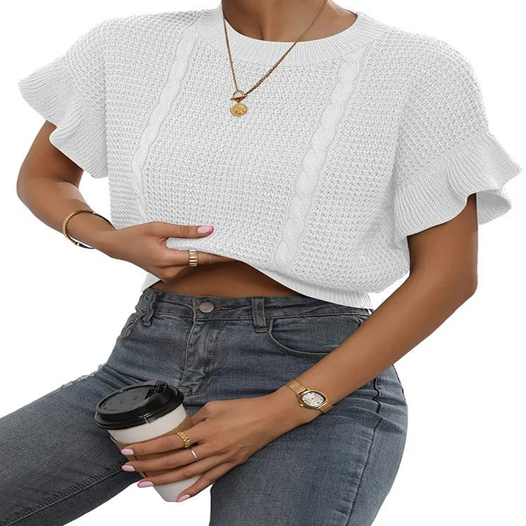 Loose fit knitted sweater with round neck and ruffled short sleeves in dark brown.