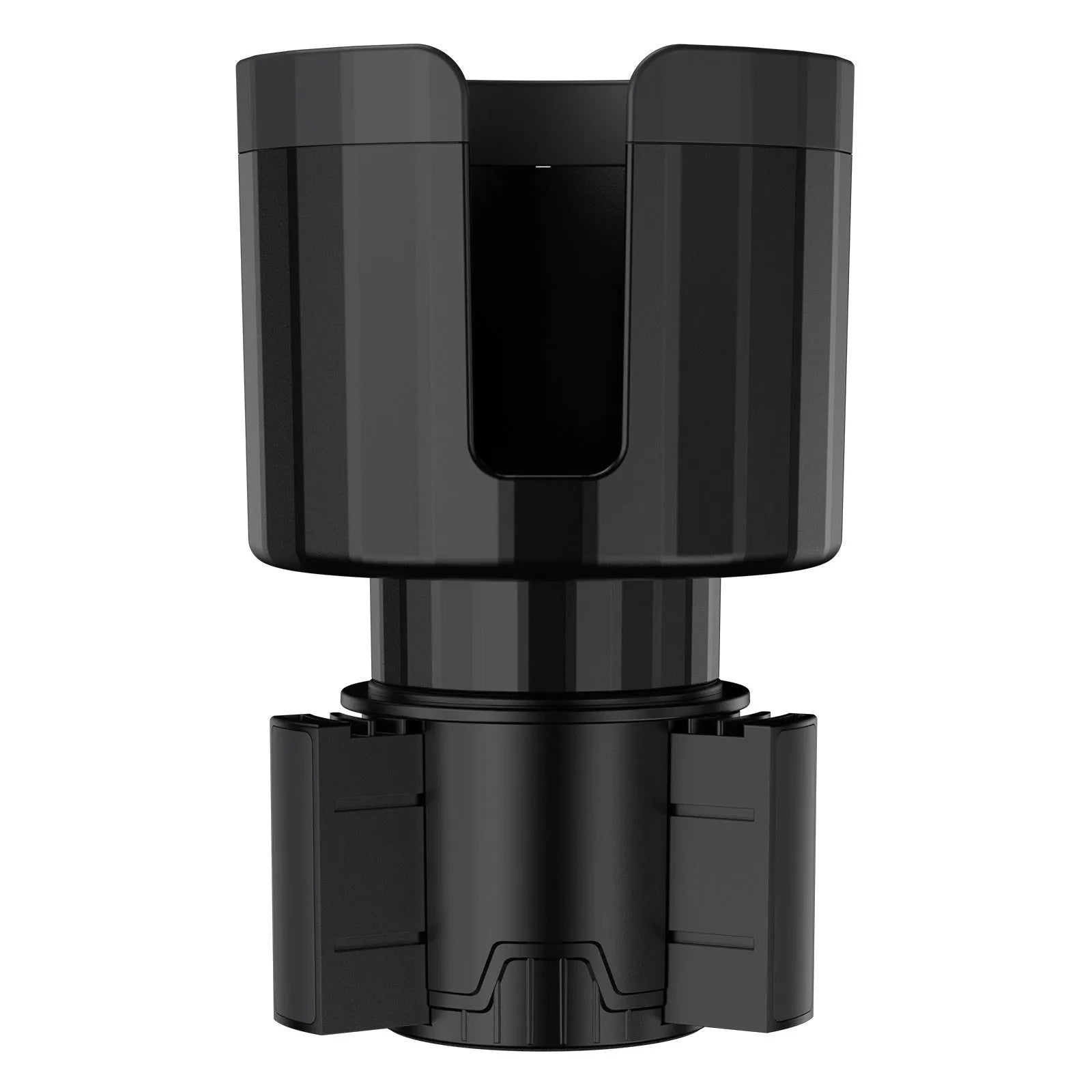 Matte black adjustable car cup holder expander for large bottles and cups.
