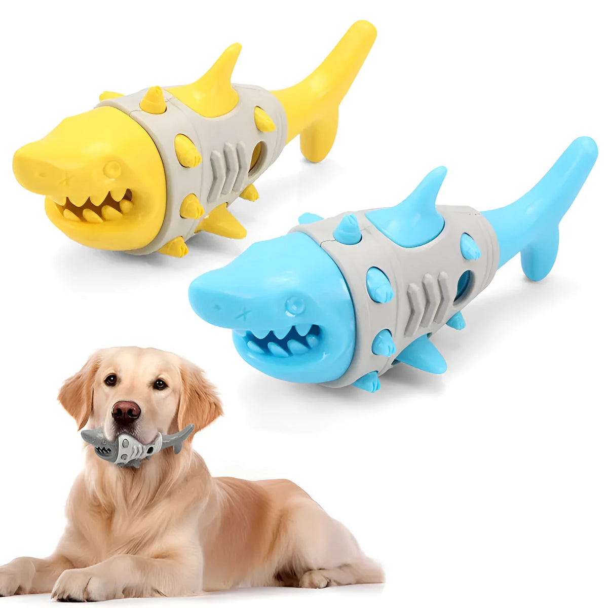 Blue, grey, and yellow dog chew toy with textured shark-tooth surface and leaky, vented holes