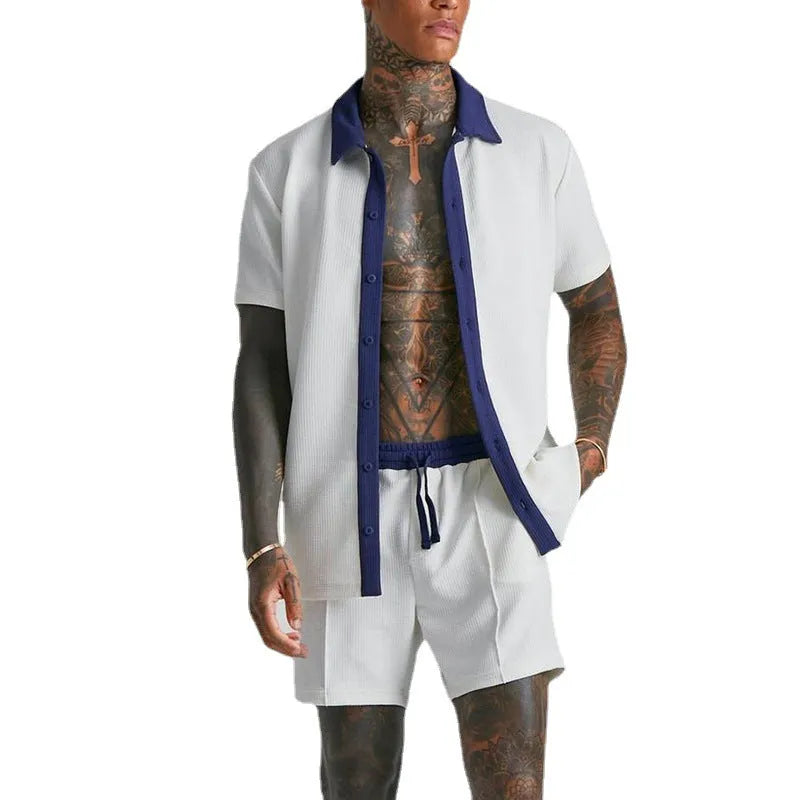 Men's two-piece suit in polyester cloth with printed design, available in black or white