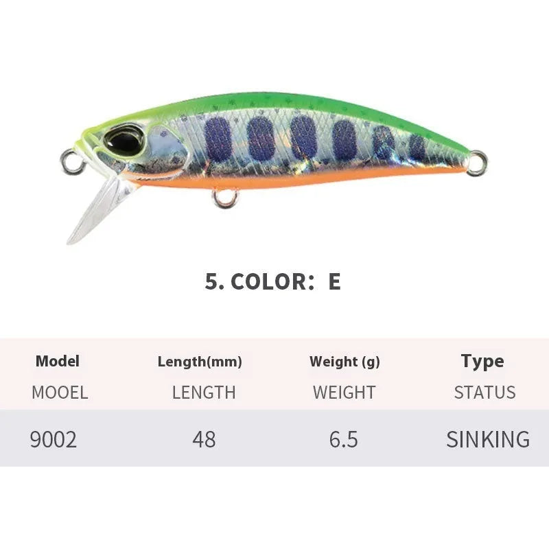 48mm mino fishing lure for snakehead and mandarin fish in various colours.