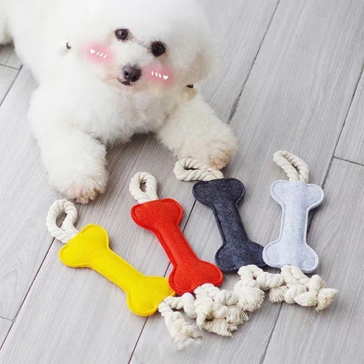Bone-shaped felt dog toy with rope knot construction, showing black colour option