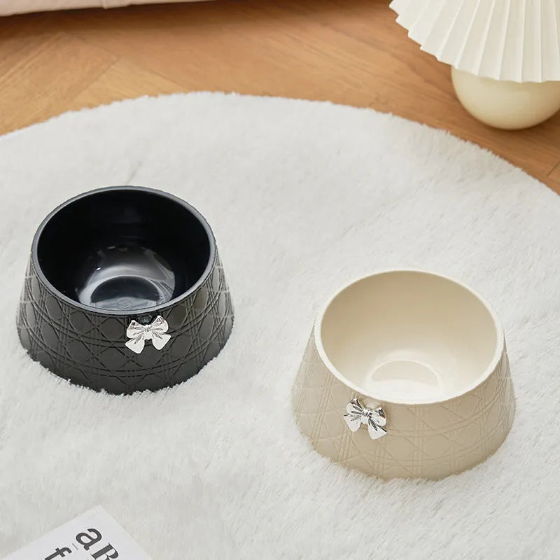 Bowknot diamond pattern pet feeding bowl for cats and small dogs in pink, silver, black, purple or white