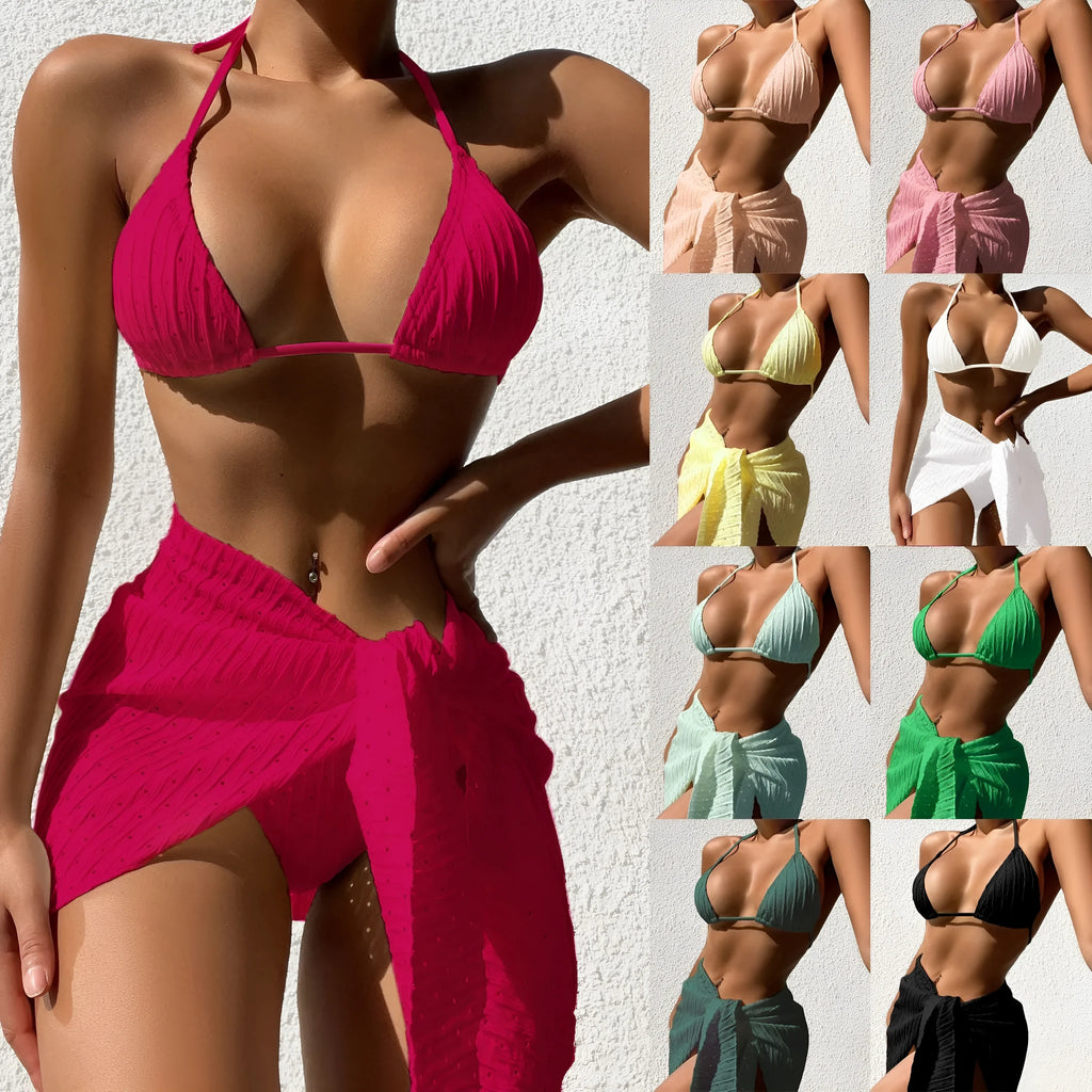 Women's halterneck swimsuit set with mesh skirt in solid colour