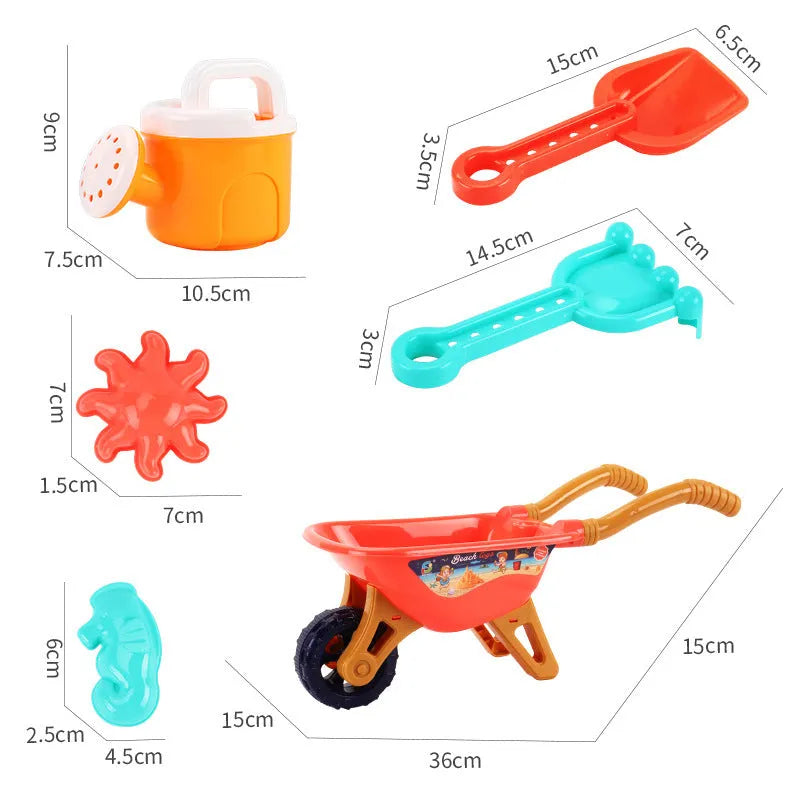 Large plastic beach toy stroller set with 6 pieces including a trolley, available in blue or red