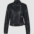 Women's black short PU leather biker jacket with an adjustable waist belt, shown on a hanger.