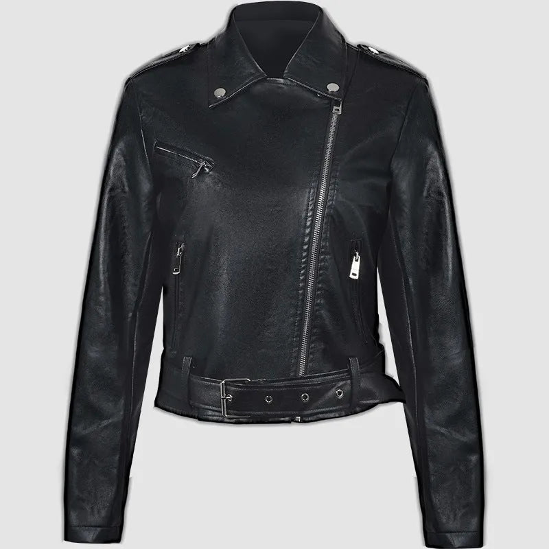 Women's black short PU leather biker jacket with an adjustable waist belt, shown on a hanger.