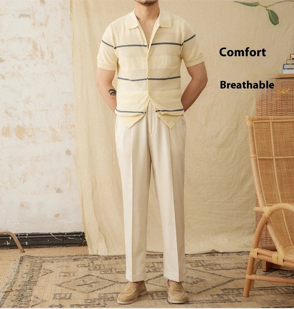 Women's short sleeve knitted cardigan with lapel collar in linen cotton blend fabric