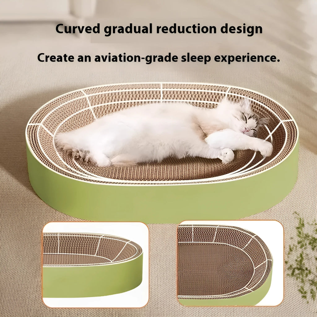 Green oval corrugated paper cat scratch nest showing textured surface and 55cm diameter.