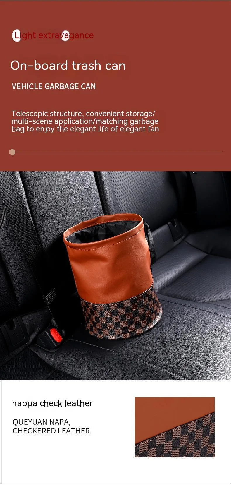 Leather folding car bin with handle for vehicle interior waste collection