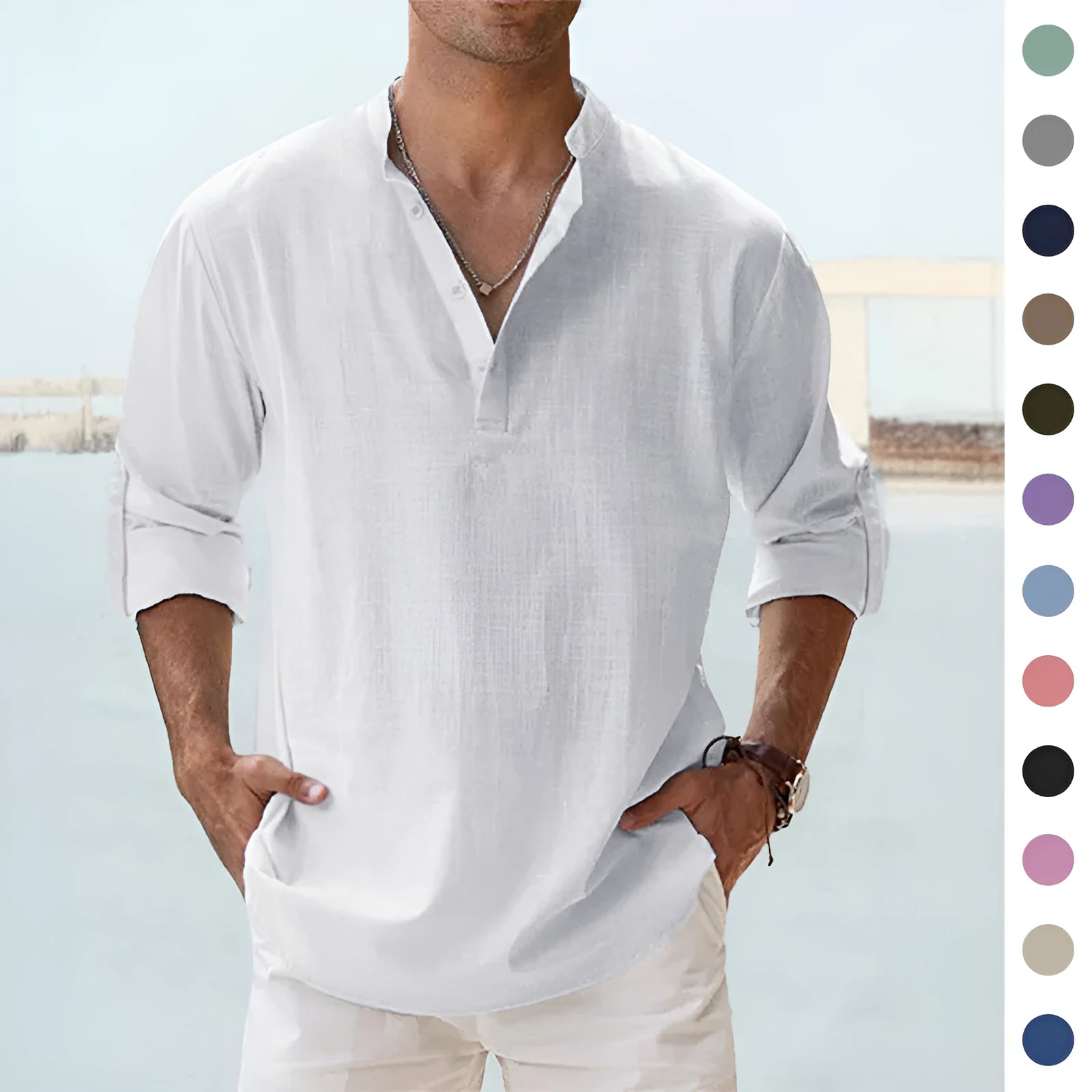 Men's loose fit cotton linen shirt with stand collar, long sleeves, in khaki colour