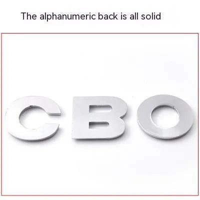 3D metal car bumper stickers showing individual zinc alloy letters in silver and black finishes