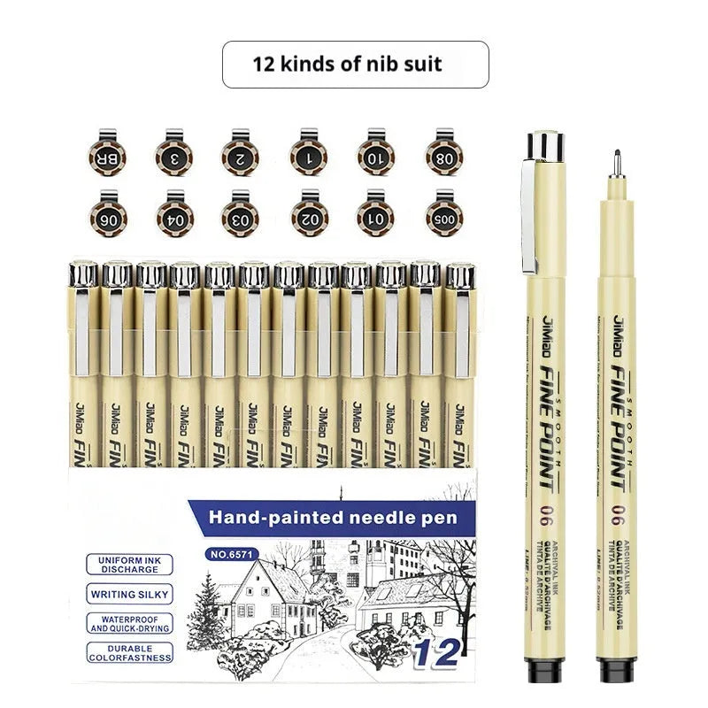 Waterproof needle pen with hand-drawn cartoon syringe design, black ink, 133mm length.