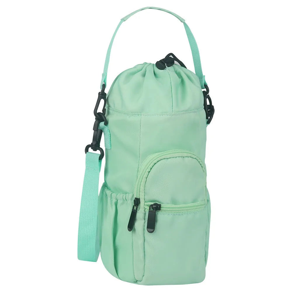 Cloth water bottle shoulder bag with adjustable crossbody strap in black, green, or pink