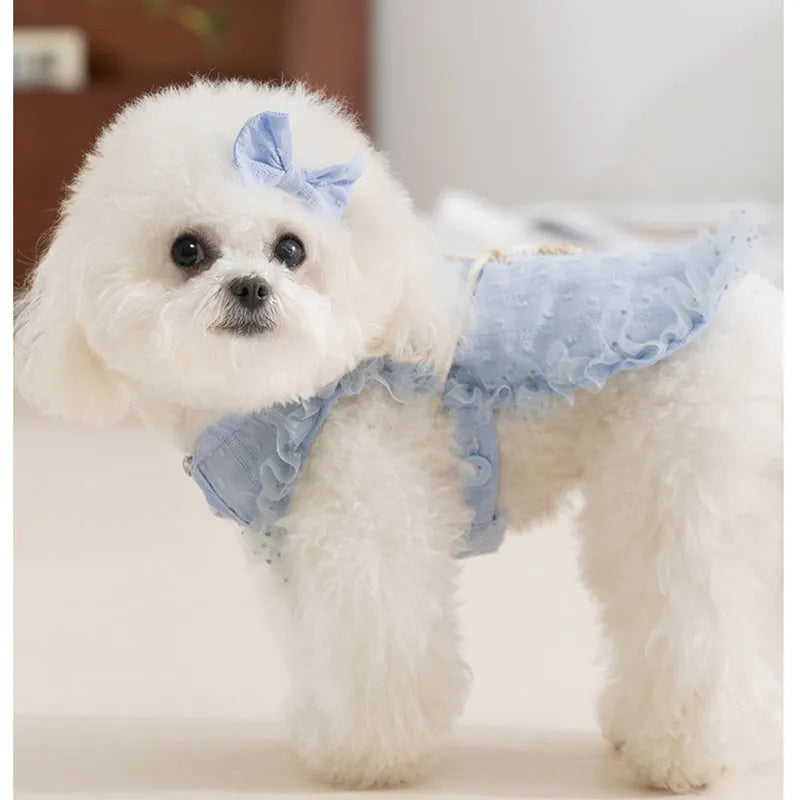Two-tone sleeveless pet outfit in yellow or blue with ruffles, matching bow and small woven crossbody bag.
