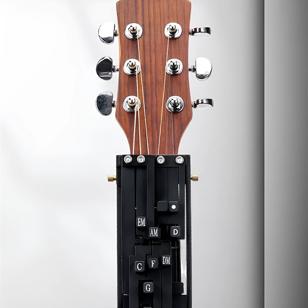 Black automatic chord changer device for folk guitar with 2024 double chord mechanism.