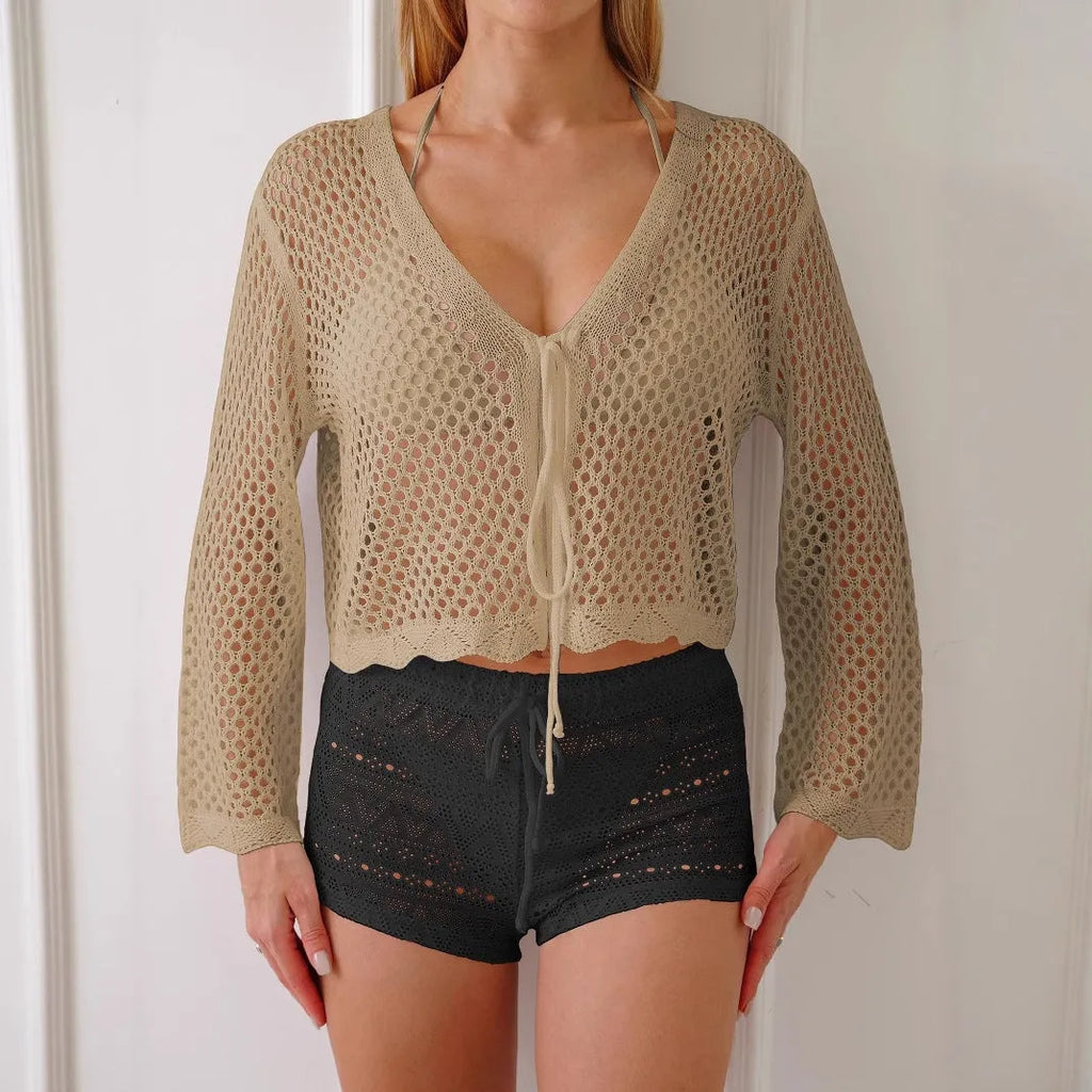 Short women's cardigan blouse with hollow woven texture and bell sleeves in apricot colour
