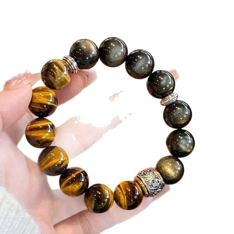 Women's tigereye silver stone double bracelet with gold inlay and U-shaped design