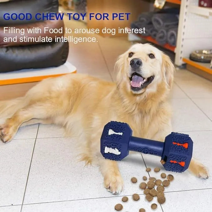 Black or blue hollow dumbbell-shaped dog chew toy with a textured surface for aggressive chewers.