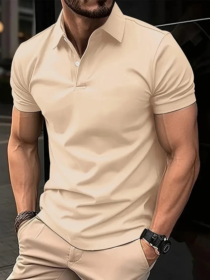 Men's solid colour short sleeve button-down shirt in slim fit on a hanger.
