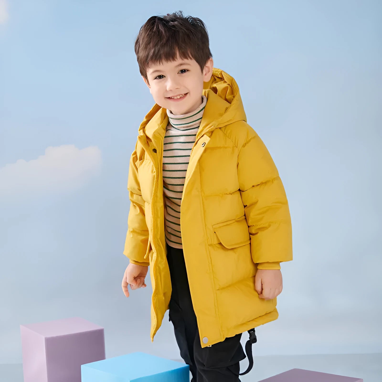 Children's mid-length hooded thickened jacket in polyester fibre with zipper, available in multiple colours