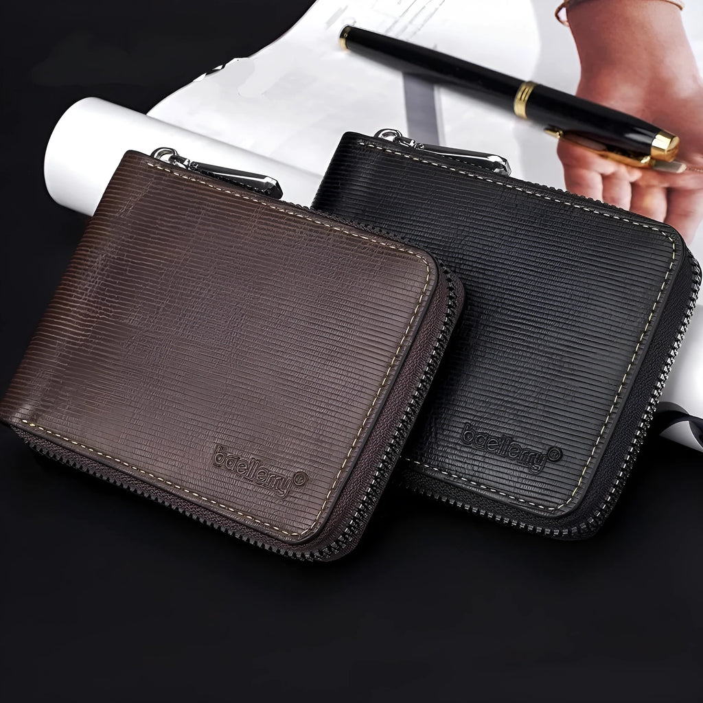 Black or brown PU anti-theft zipper wallet with embossed design and extended credit card capacity