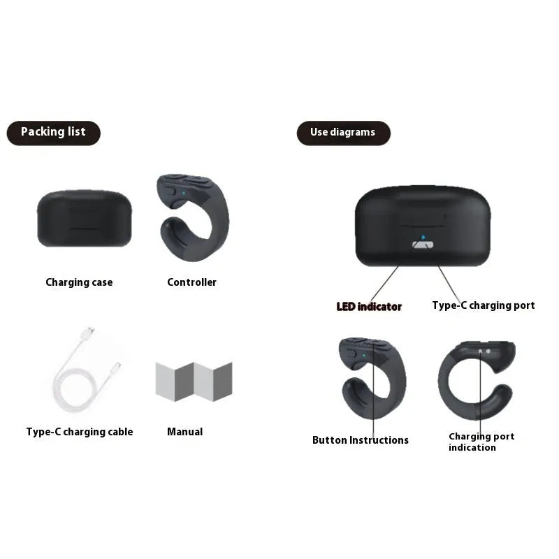 TP-1 Bluetooth remote control in black with charging case, 10 metre range, 50-60 hour battery