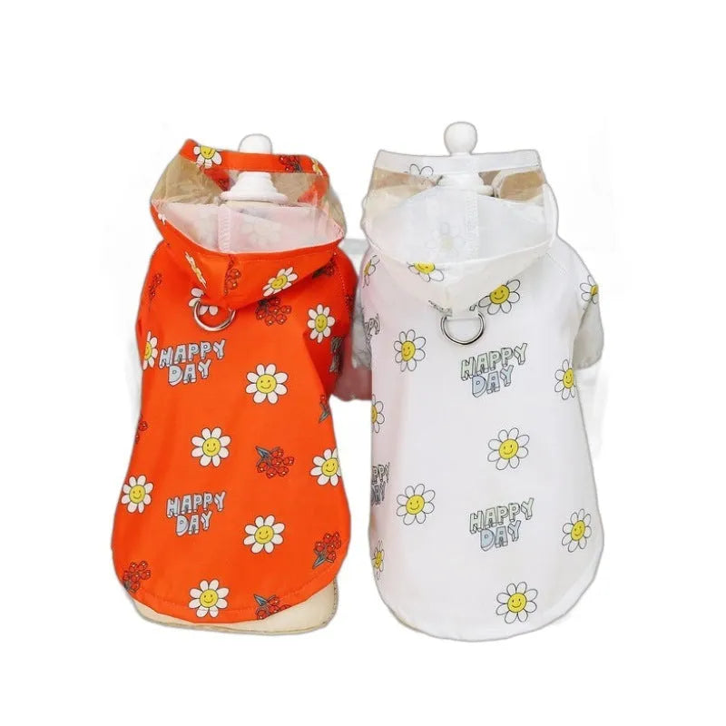 Transparent dog raincoat with pull ring traction in orange floral pattern