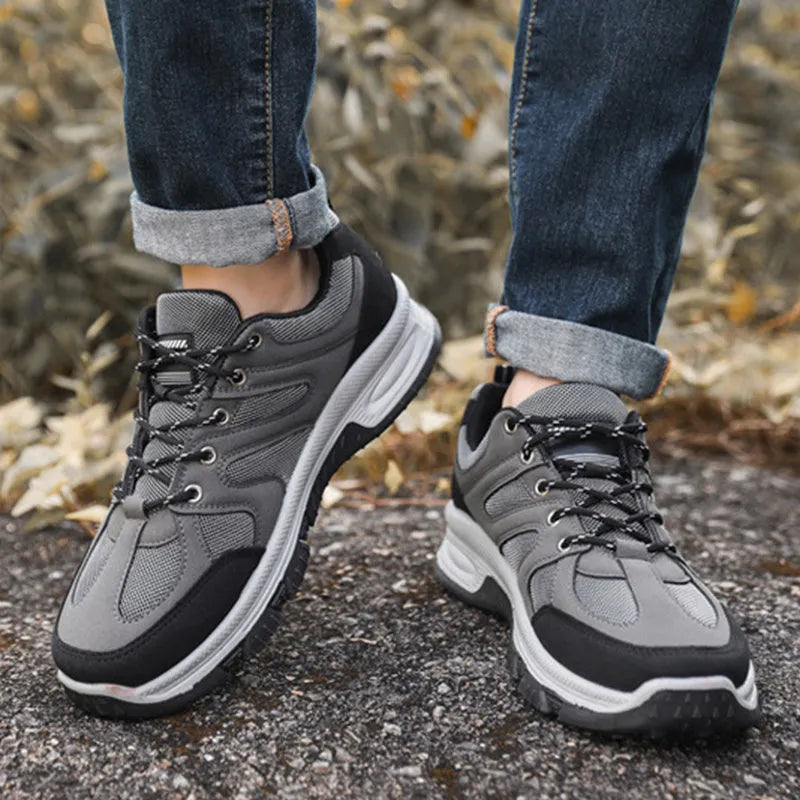 Men's breathable mesh sneakers with EVA sole, elastic lace-up fit, black camel grey, sizes 39 to 45