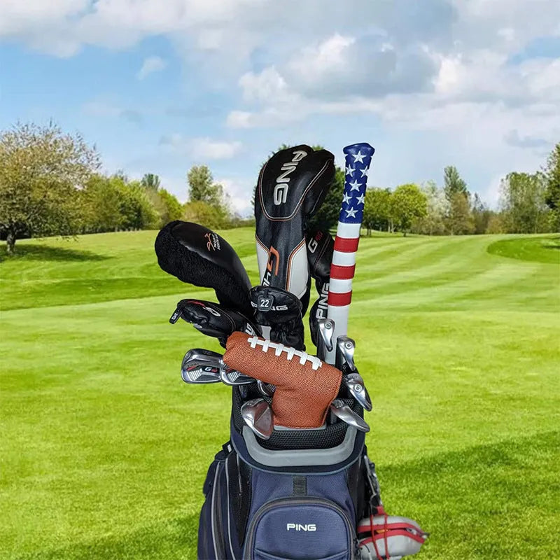 Black PU leather golf push rod case with a zipper, shown holding a club head cover.