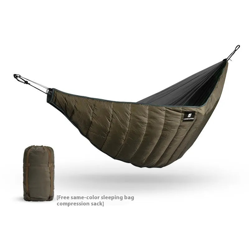 Army green outdoor camping hammock sleeping bag with compression sack, shown unrolled to display its size.