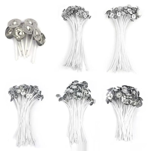 White cotton candle wicks in three lengths - 2.6cm, 6cm, and 8cm - for DIY candle making