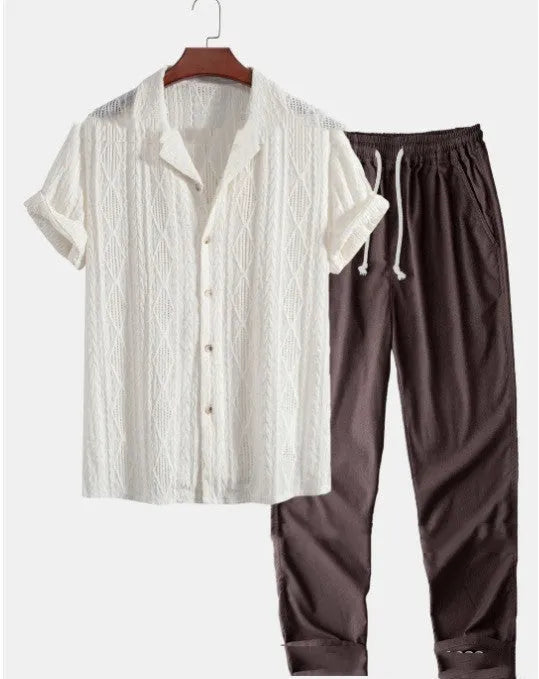 Men's loose fitting short sleeve shirt and trousers suit in polyester milk silk fabric for summer wear