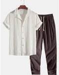 Men's loose fitting short sleeve shirt and trousers suit in polyester milk silk fabric for summer wear